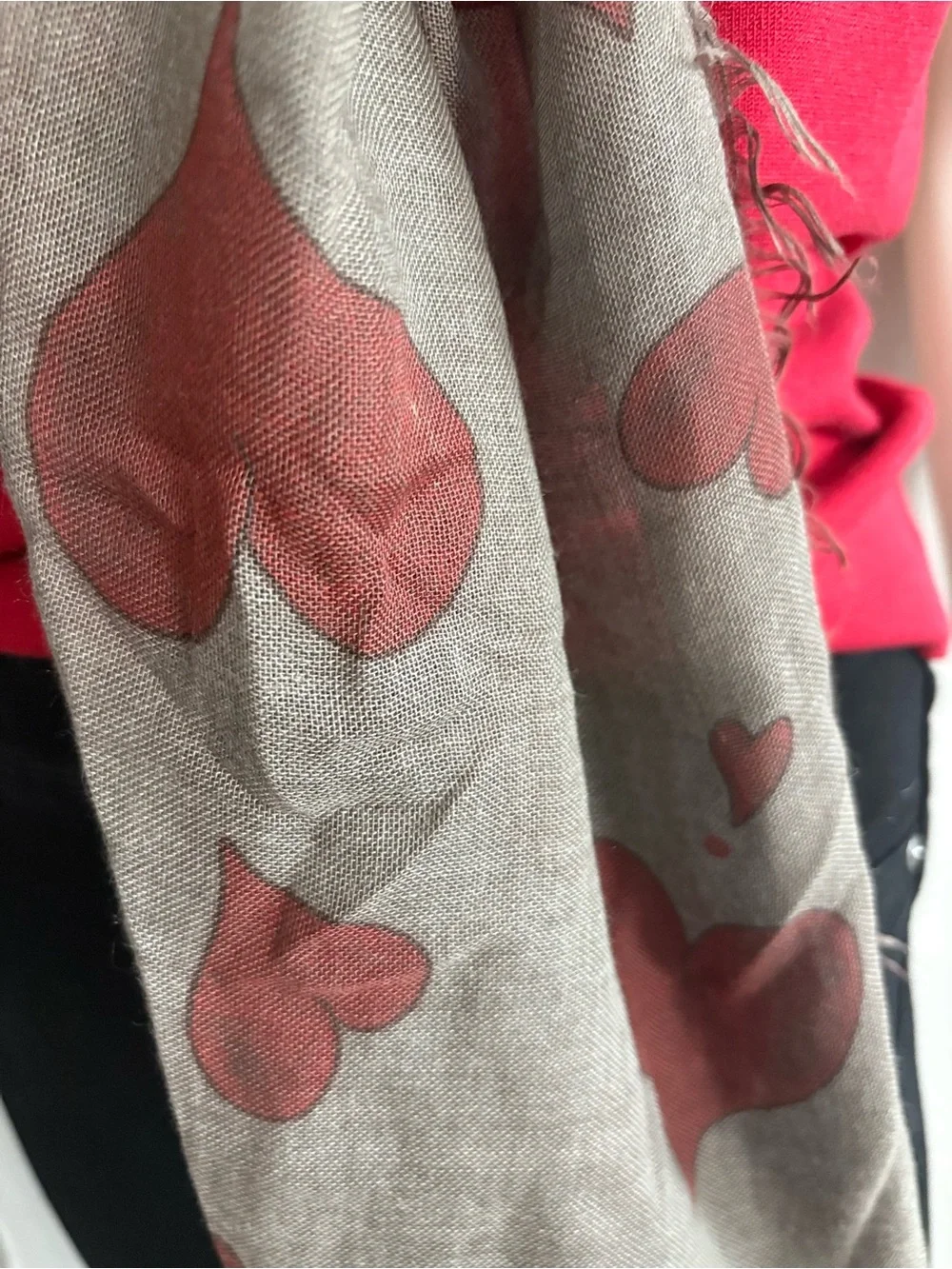 Taupe Scarf with Red Heart Motif - Women's Lightweight Wrap
